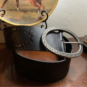 Lucky Brand Boho Black Leather Belt Thick Rope Weave Engraved Large Buckle